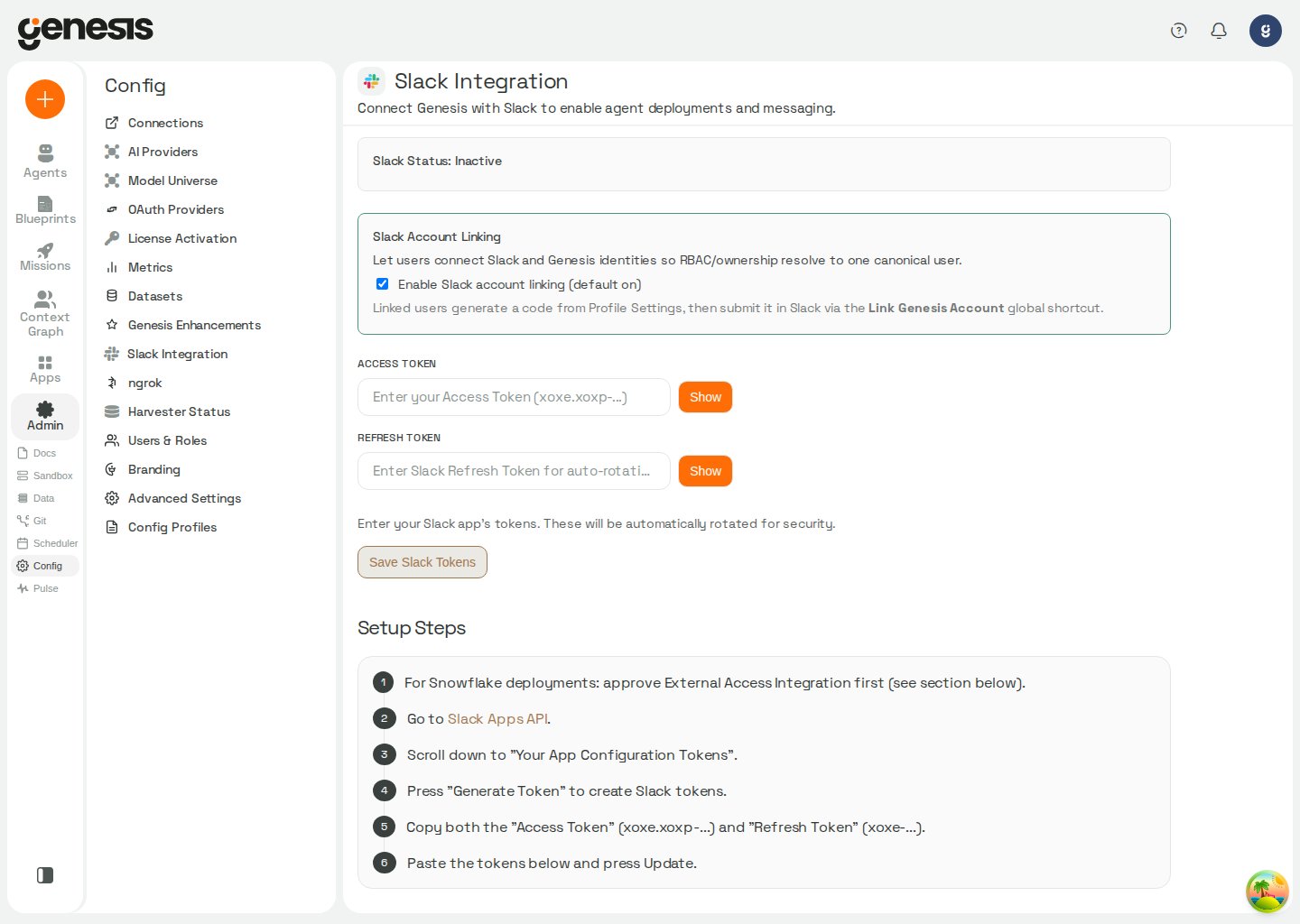 Actual Genesis Slack Integration page showing token fields, account linking, and setup steps.