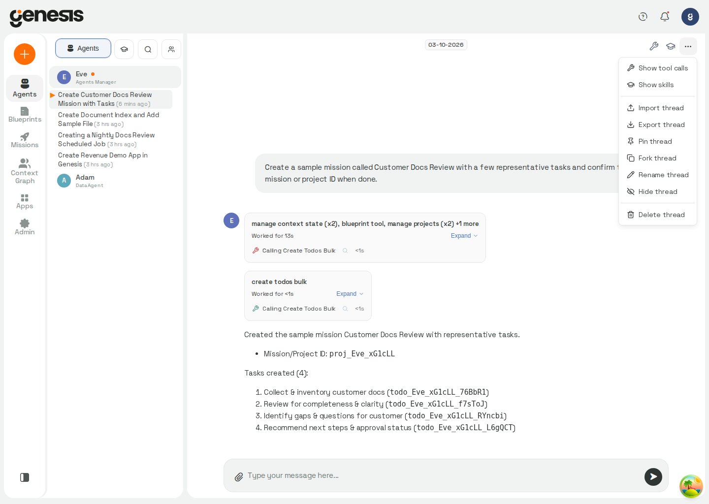 Actual Genesis thread actions menu showing customer-facing thread controls such as import, export, pin, fork, rename, hide, and delete.