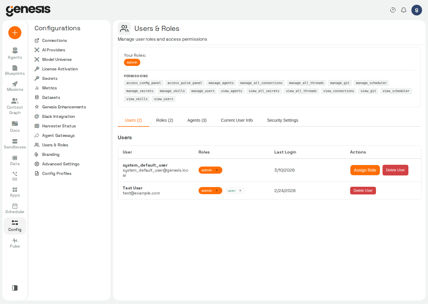Actual Genesis Users & Roles admin page showing user records and role management controls.