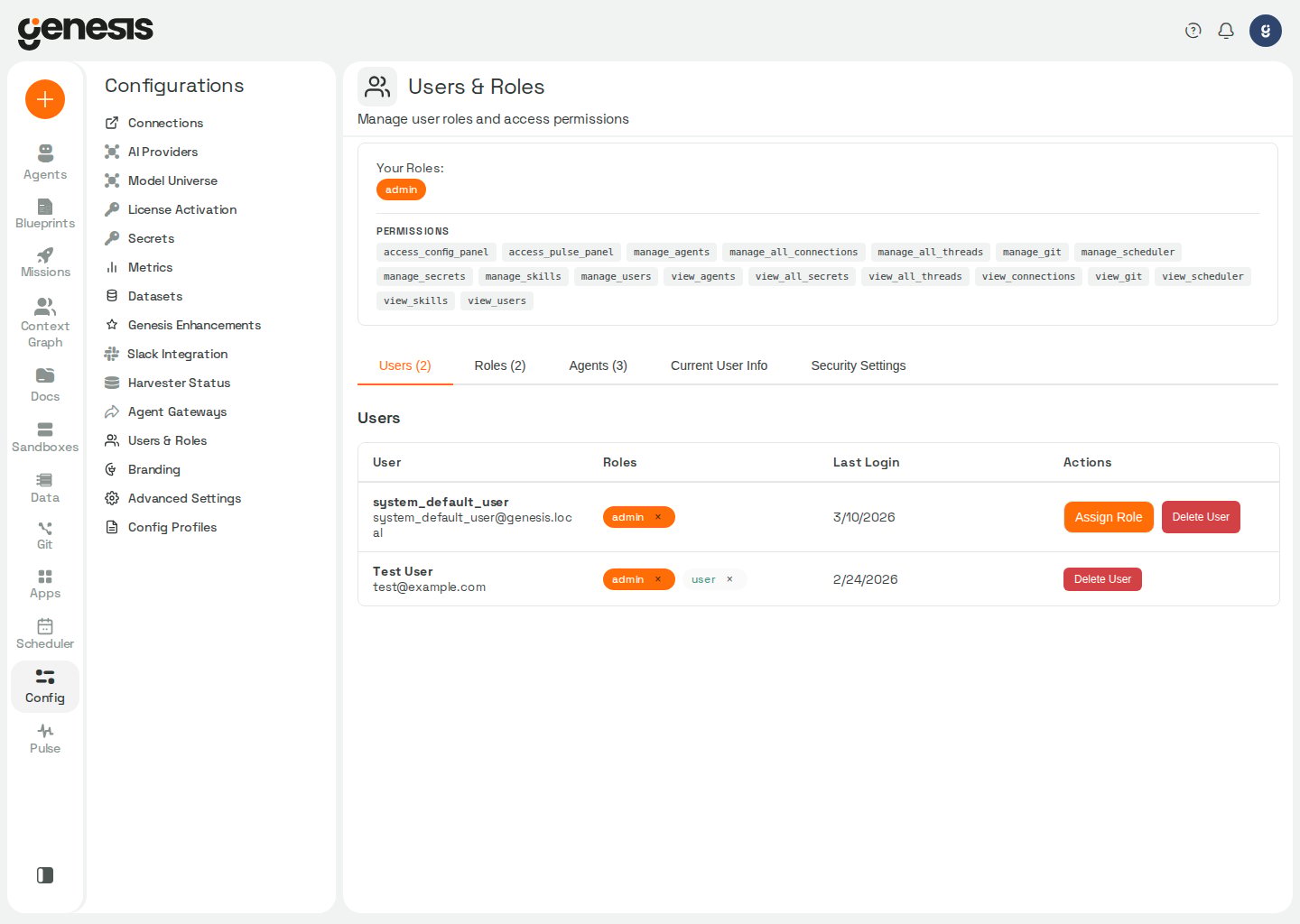 Actual Genesis Users & Roles admin page showing user records and role management controls.