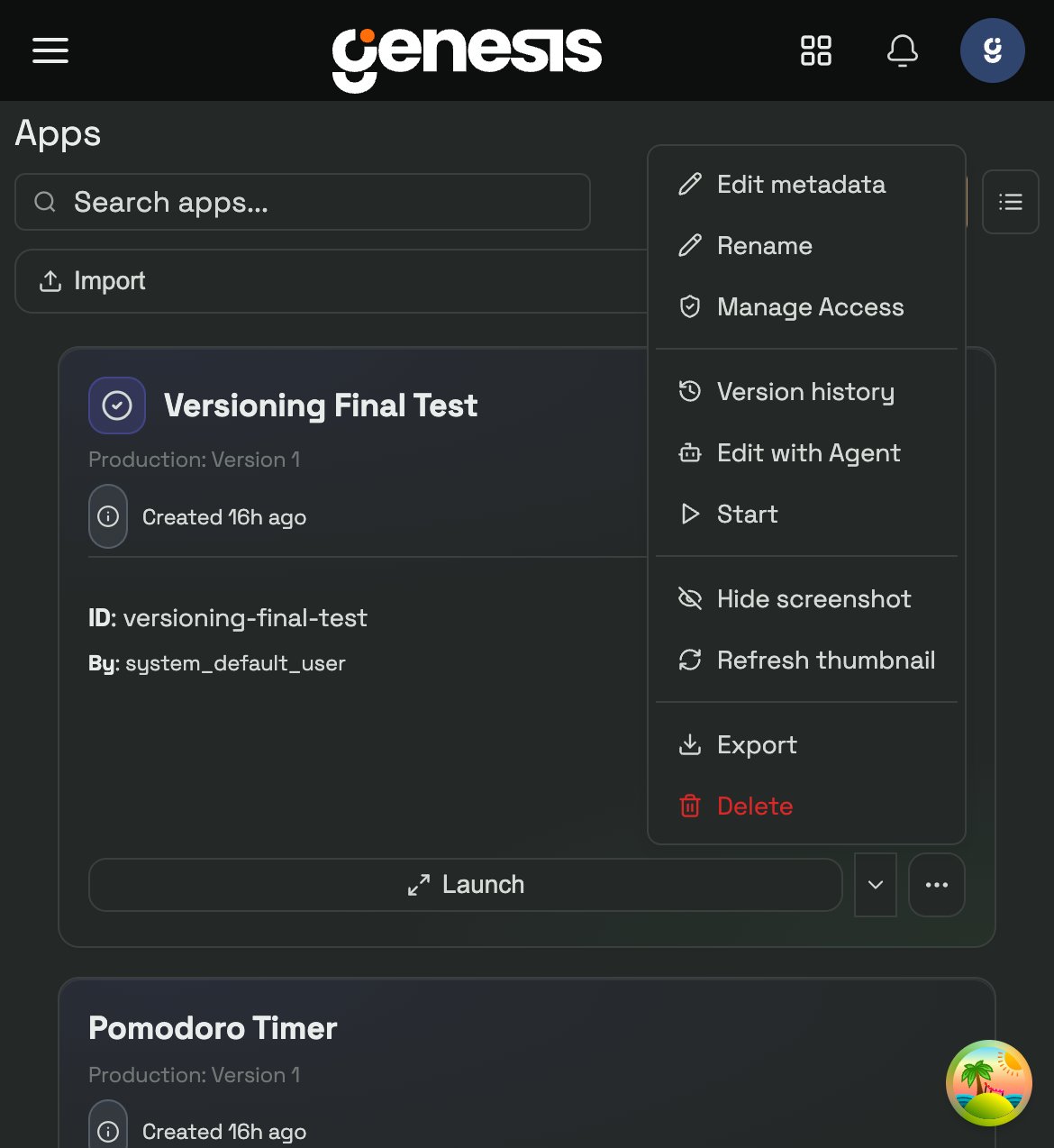 Context menu on a versioned app card showing App History, Edit with Agent, Start, Export, and Delete.