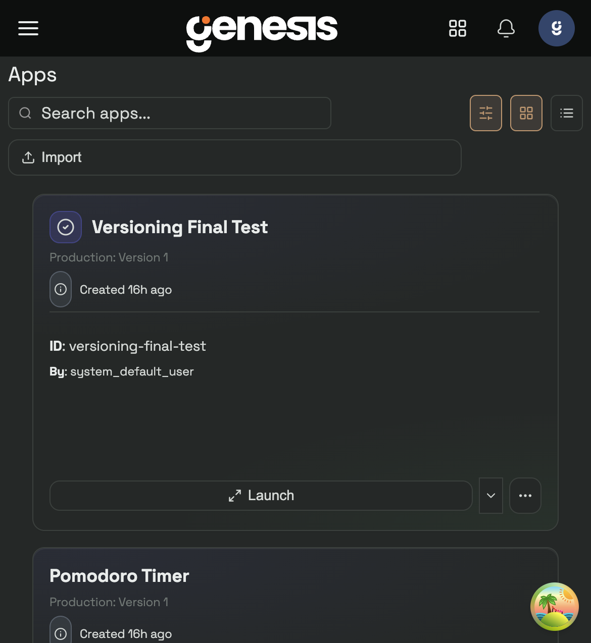 The Apps Library showing versioned app cards with Production badge, Launch dropdown, and context menu.