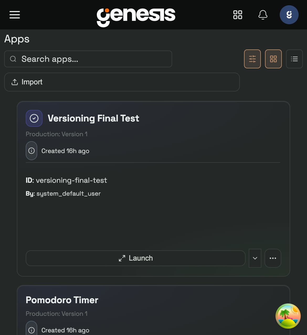 The Apps Library showing versioned app cards with Production badge, Launch dropdown, and context menu.