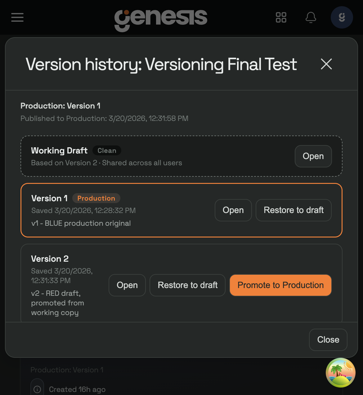 App History modal showing Working Draft status, saved versions, and nested checkpoints.