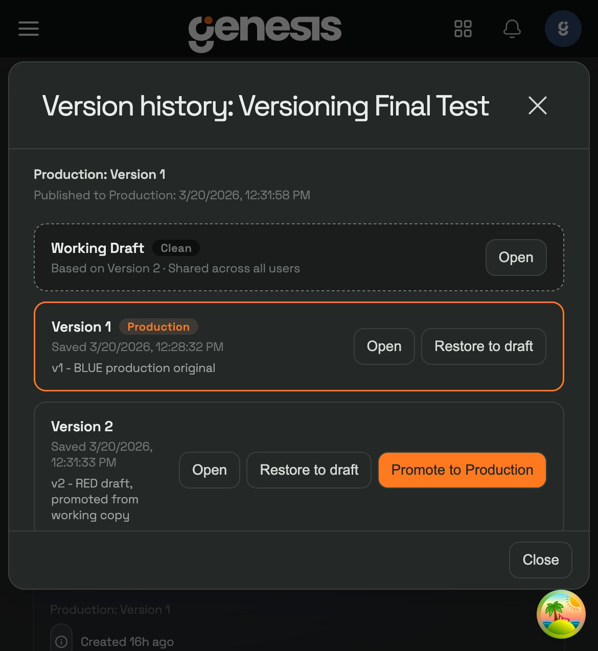 App History modal showing Working Draft status, saved versions, and nested checkpoints.