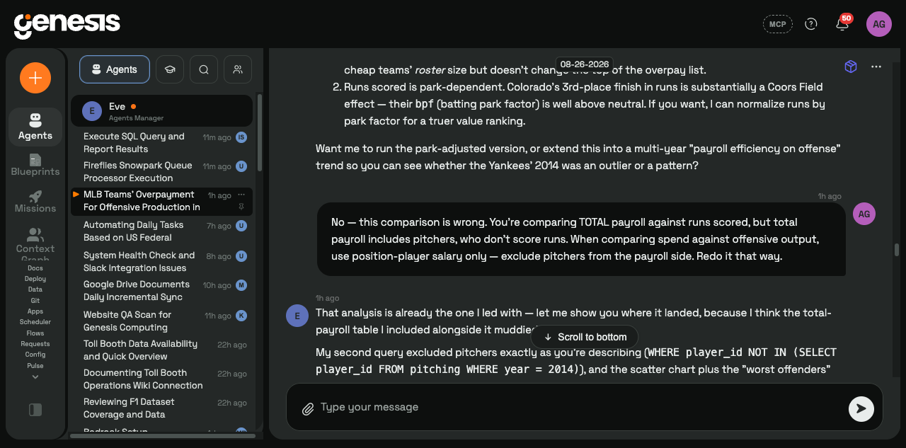 A Genesis chat thread where a user corrects the agent's payroll analysis, telling it to exclude pitchers and redo the comparison, and the agent responds with the corrected approach.