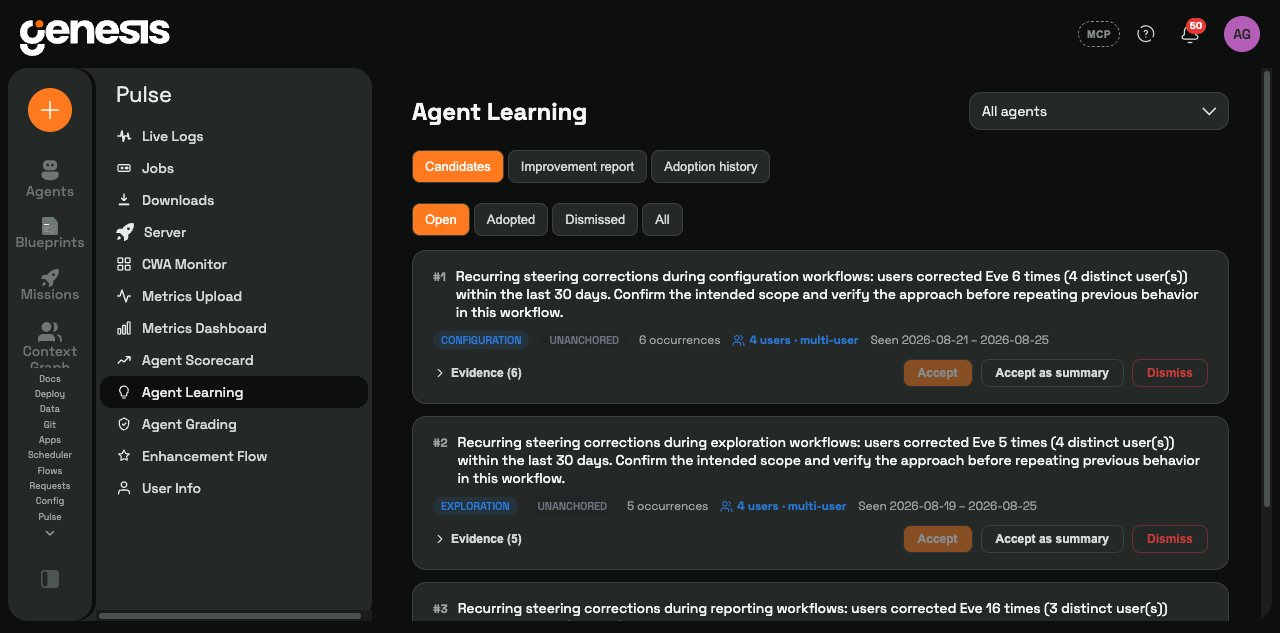The Agent Learning page listing candidate lessons drawn from recurring steering corrections, each with occurrence counts, multi-user badges, an expandable evidence list, and Accept, Accept as summary, and Dismiss buttons.