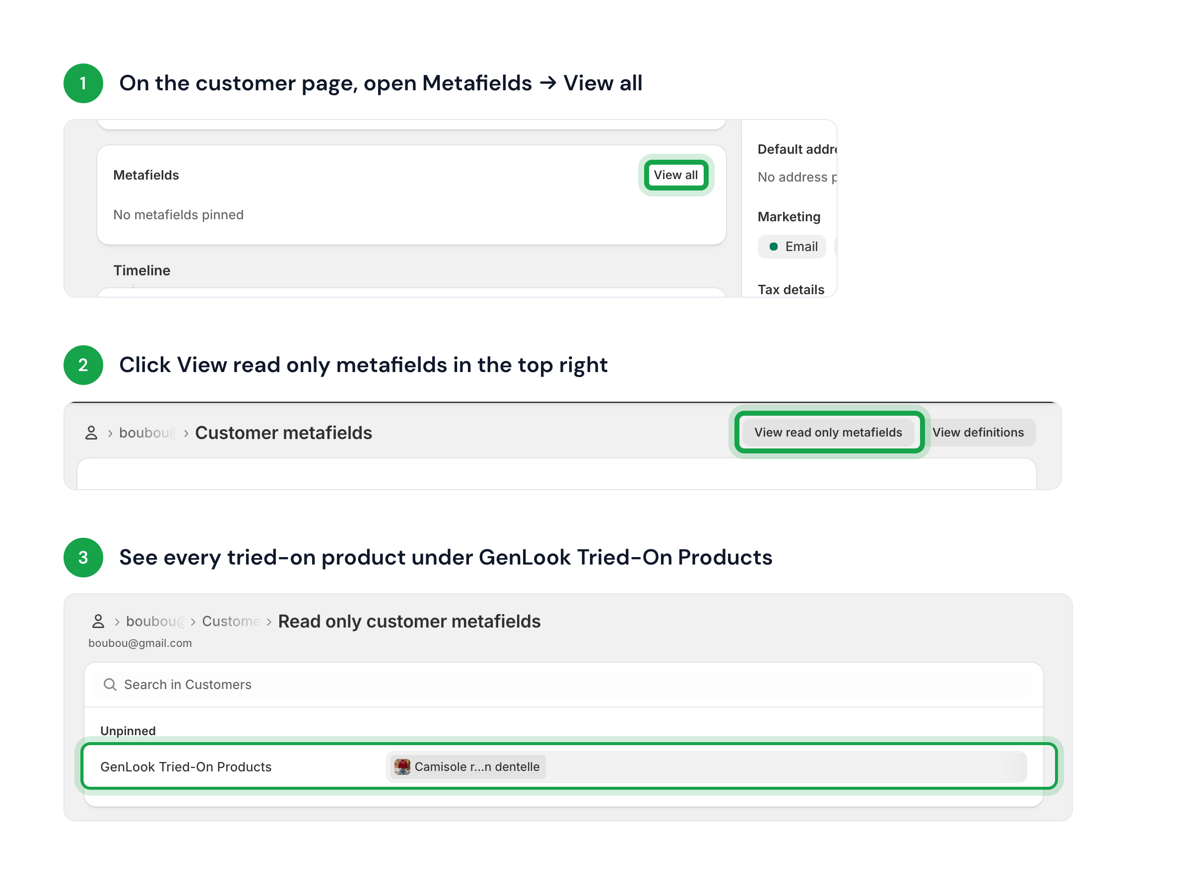 Shopify customer page showing the Genlook tried-on products metafield with linked products