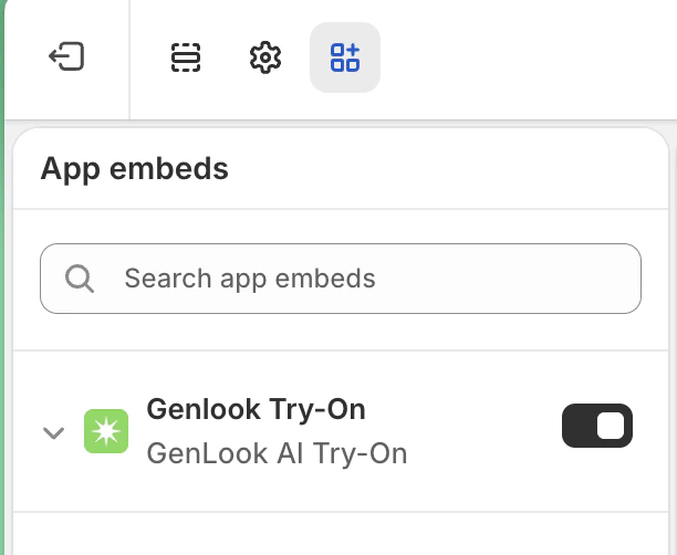 Shopify Theme Editor showing the Genlook Try-On app embed toggle enabled