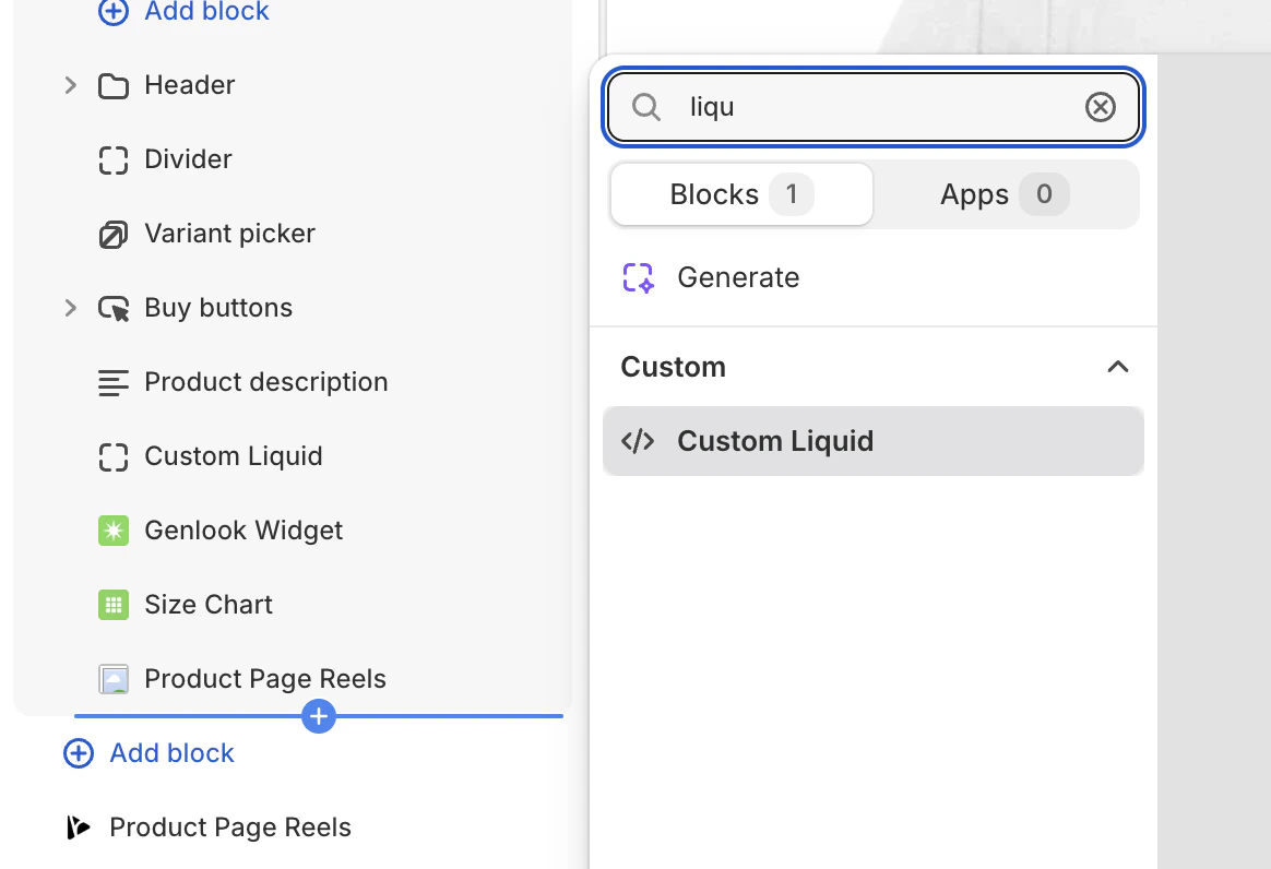 Shopify Theme Editor showing how to add a Custom Liquid block