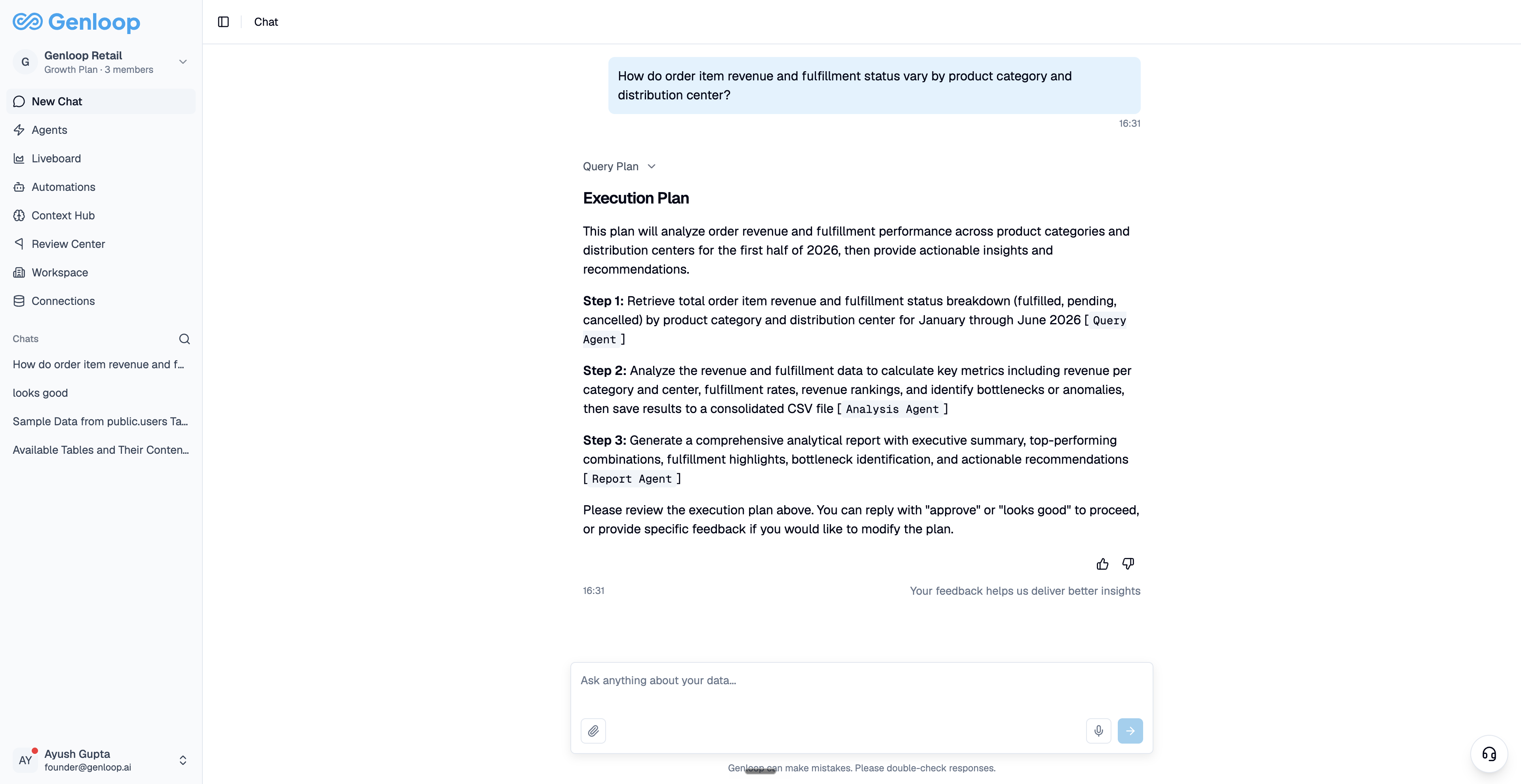 An agentic execution plan with numbered steps and an approval prompt