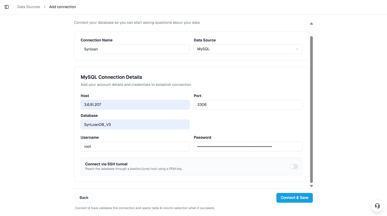 Enter host, port, database, and credentials