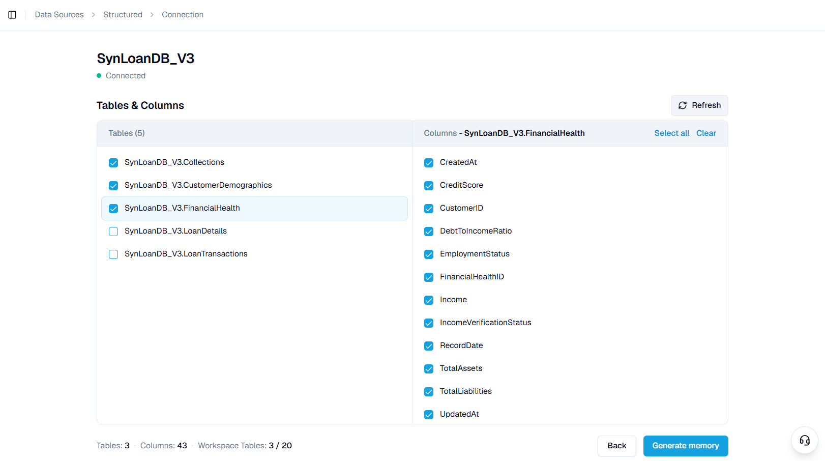 Select tables and columns to onboard