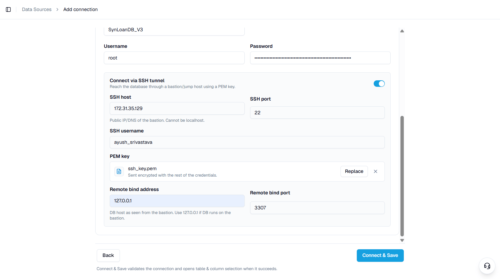 SSH tunnel fields including host, username, and PEM key
