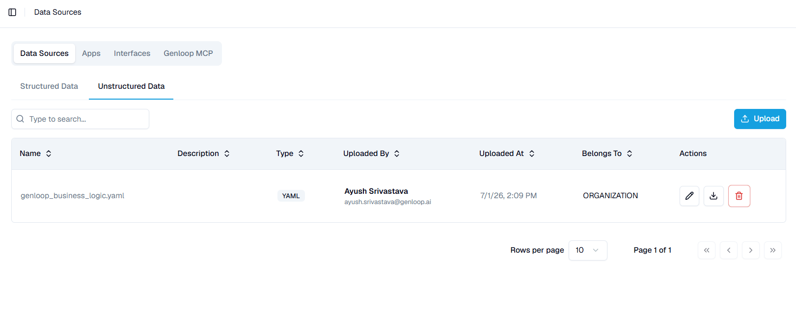 Unstructured Data tab listing uploaded documents