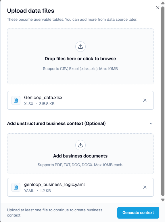 Upload data files dialog with an optional business context section