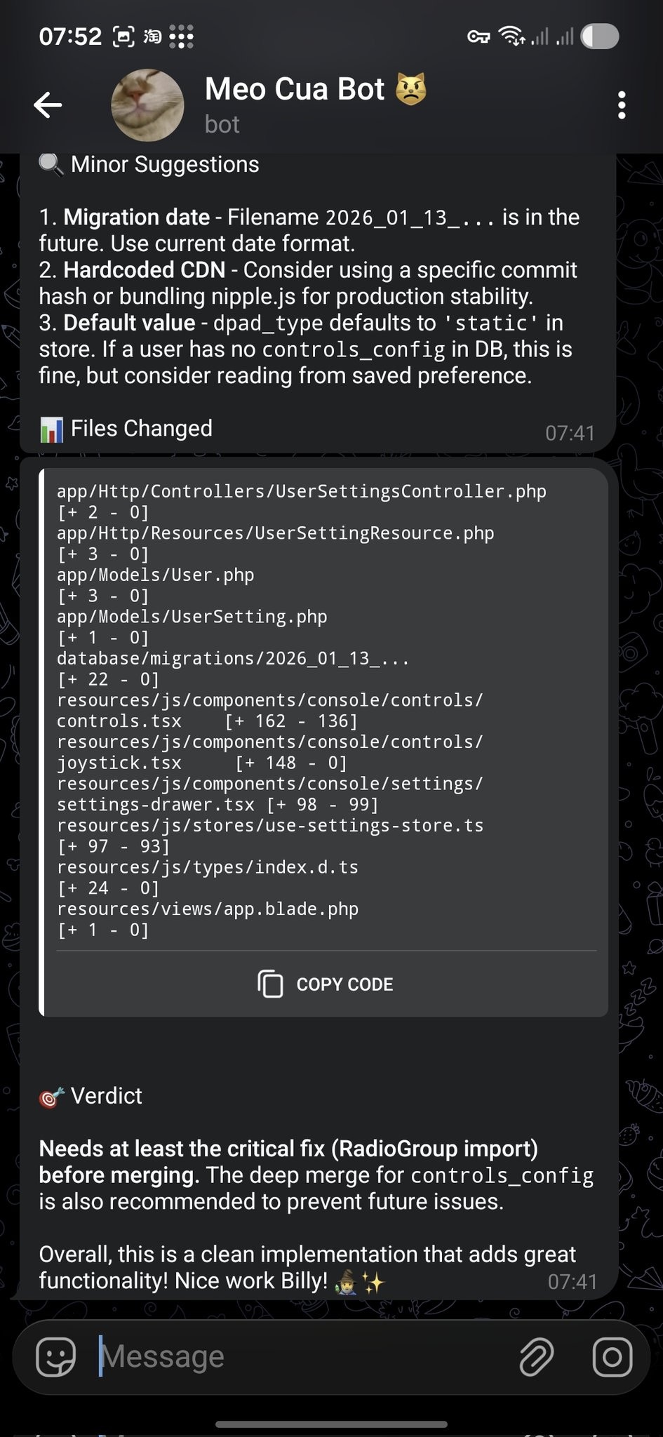 GenSparx PR review feedback delivered in Telegram
