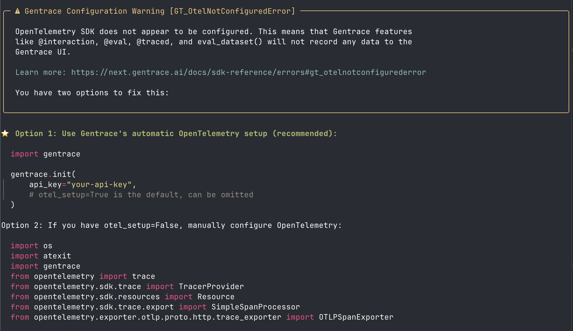 OpenTelemetry not configured error