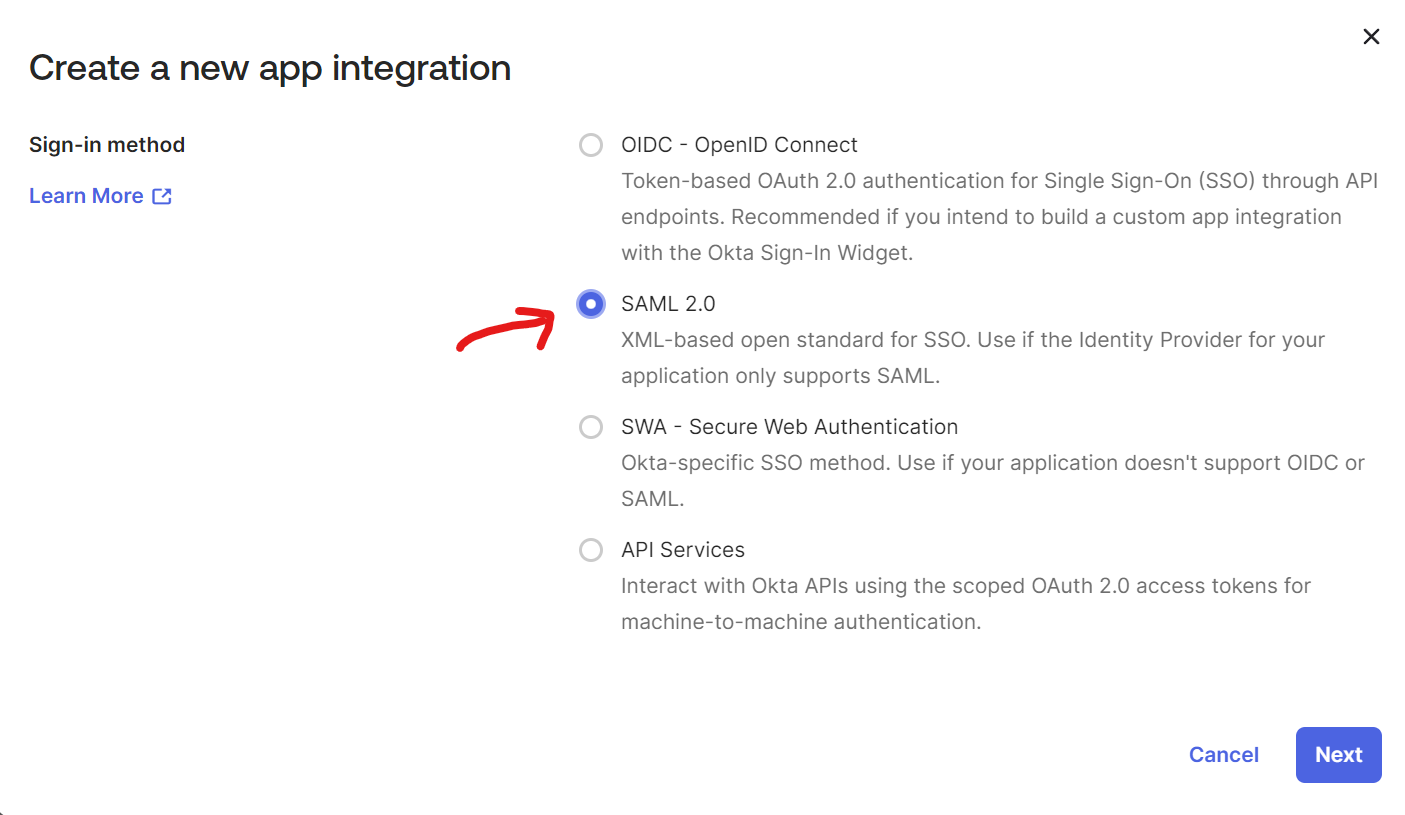 Create Okta application