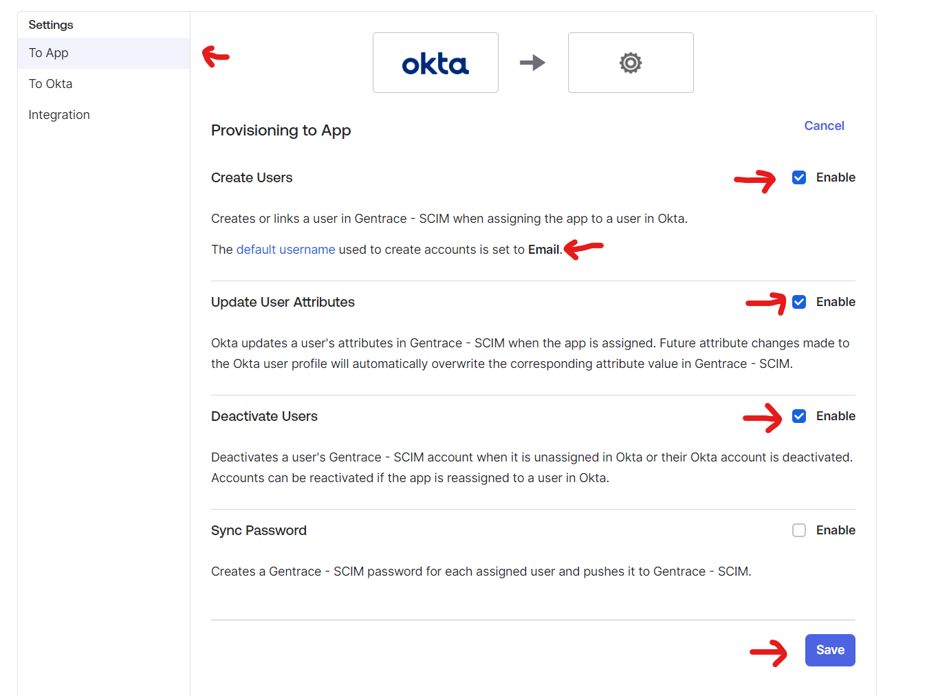 Configure Okta SCIM 'To App' settings