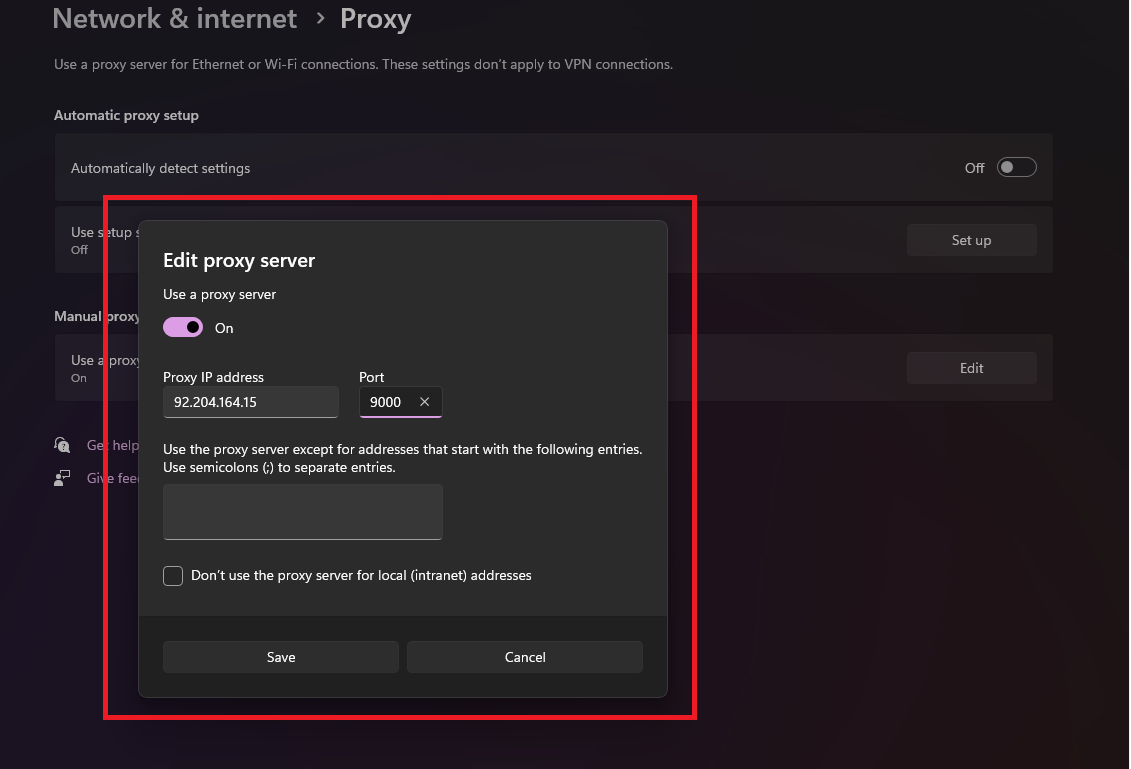 Enter the Proxy IP and Port