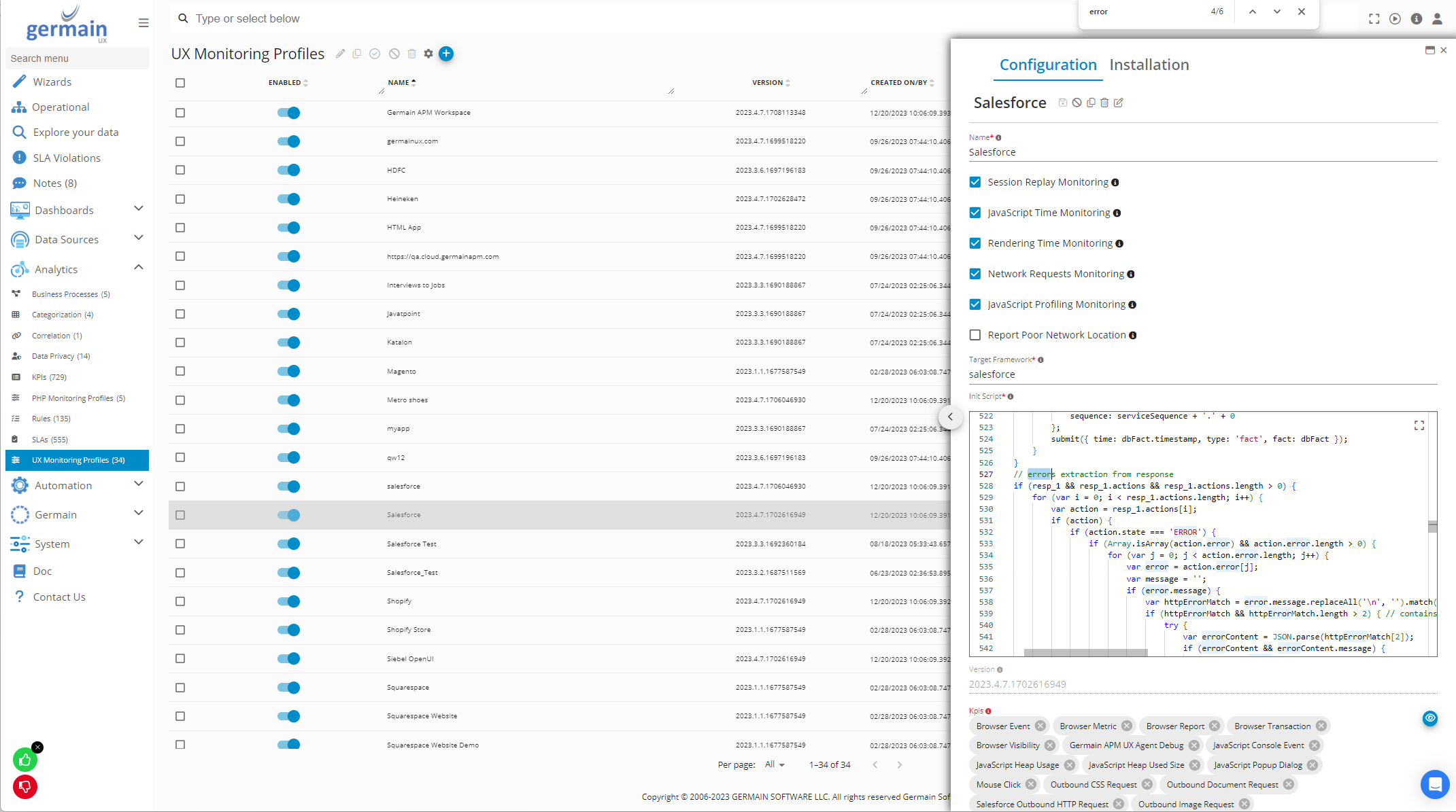 Error Monitoring for Salesforce Cloud (Configure): Open the Salesforce UX Monitoring Profile
