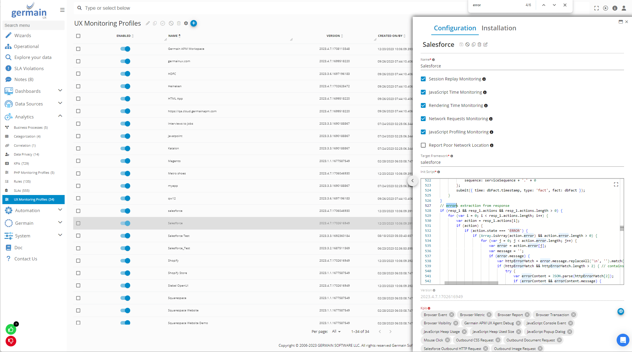 Error Monitoring for Salesforce Cloud (Configure): Open the Salesforce UX Monitoring Profile
