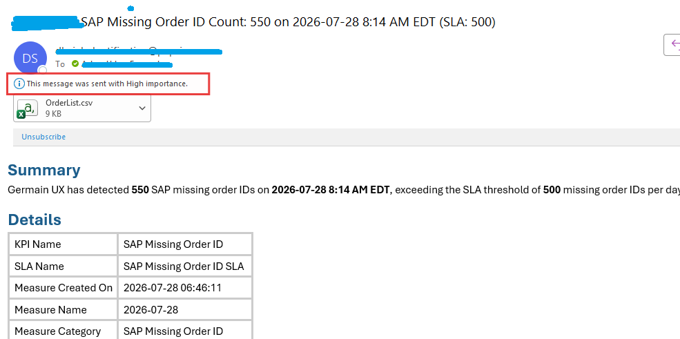 Example of an alert sent while monitoring Orders processed by SAP