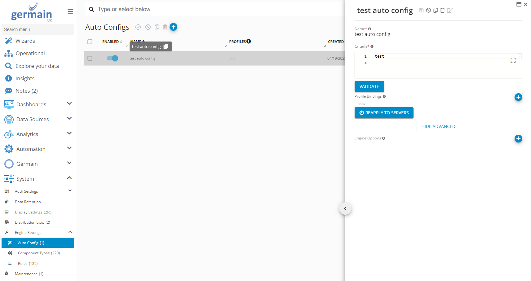 Auto config dashboard of GermainUX