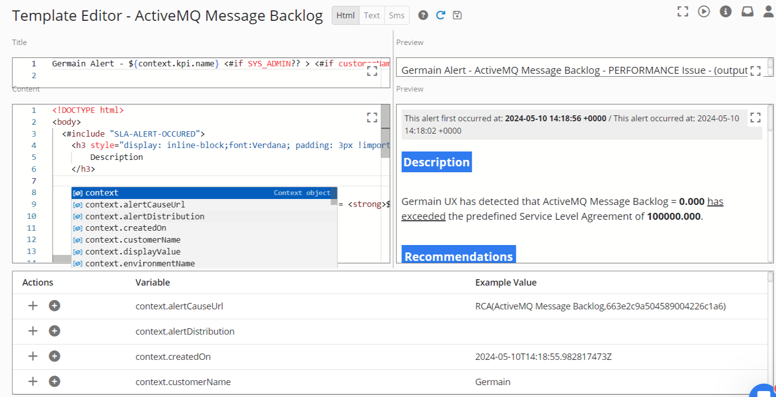 Template Editor for Alerts and Reports: Templates