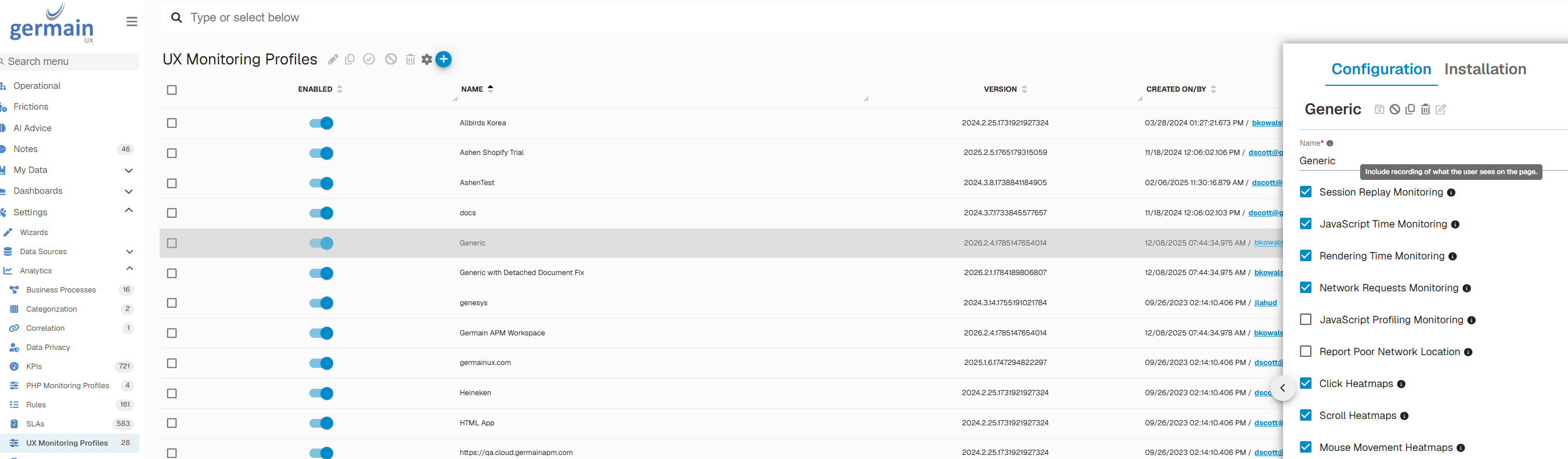 UX Monitoring Profiles management view