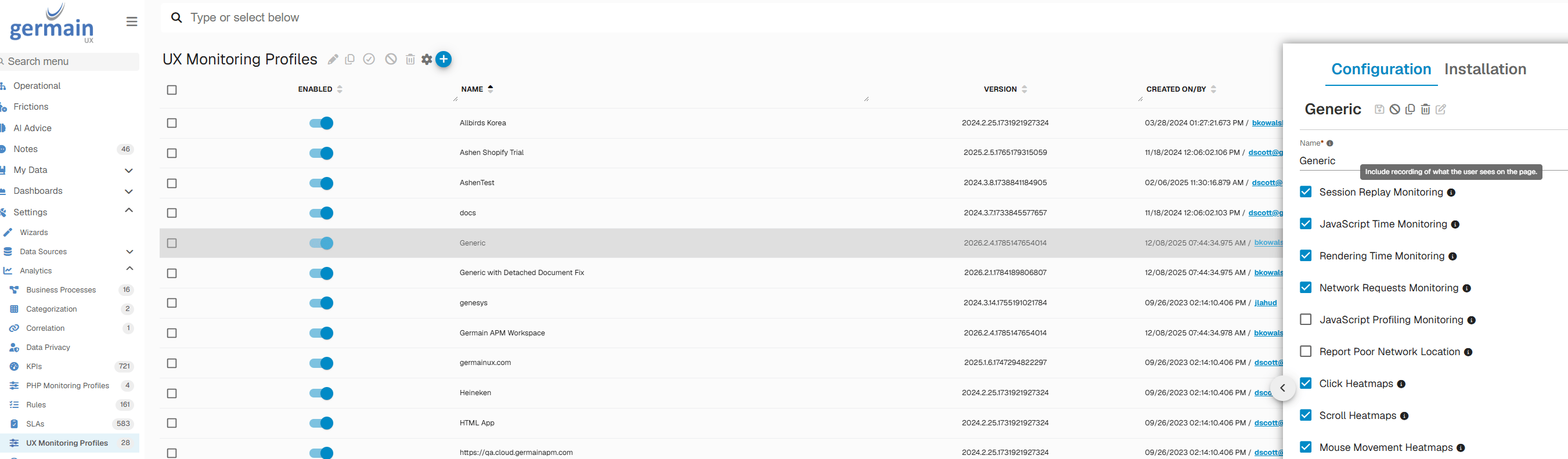 UX Monitoring Profiles management view