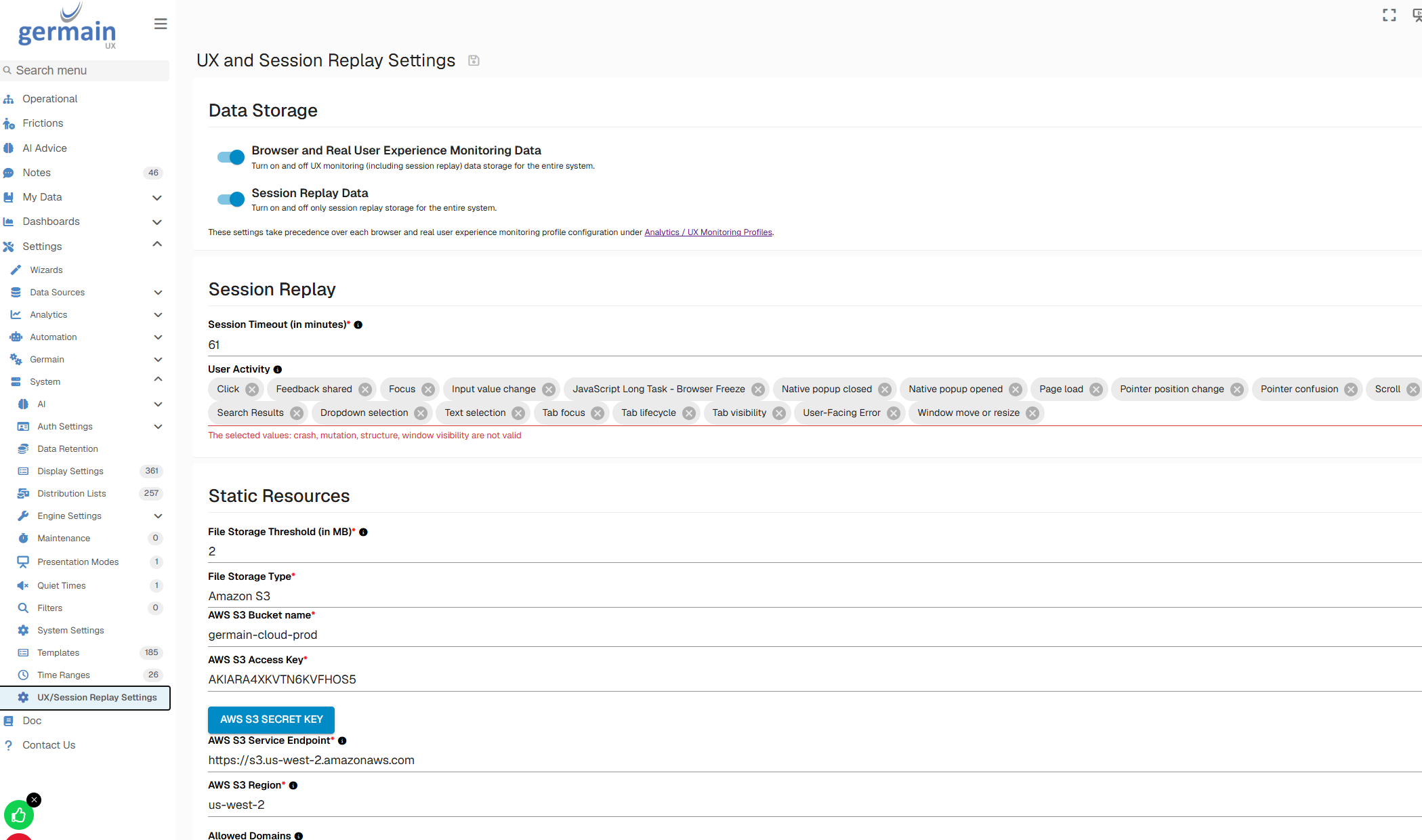 UX and Session Replay Settings