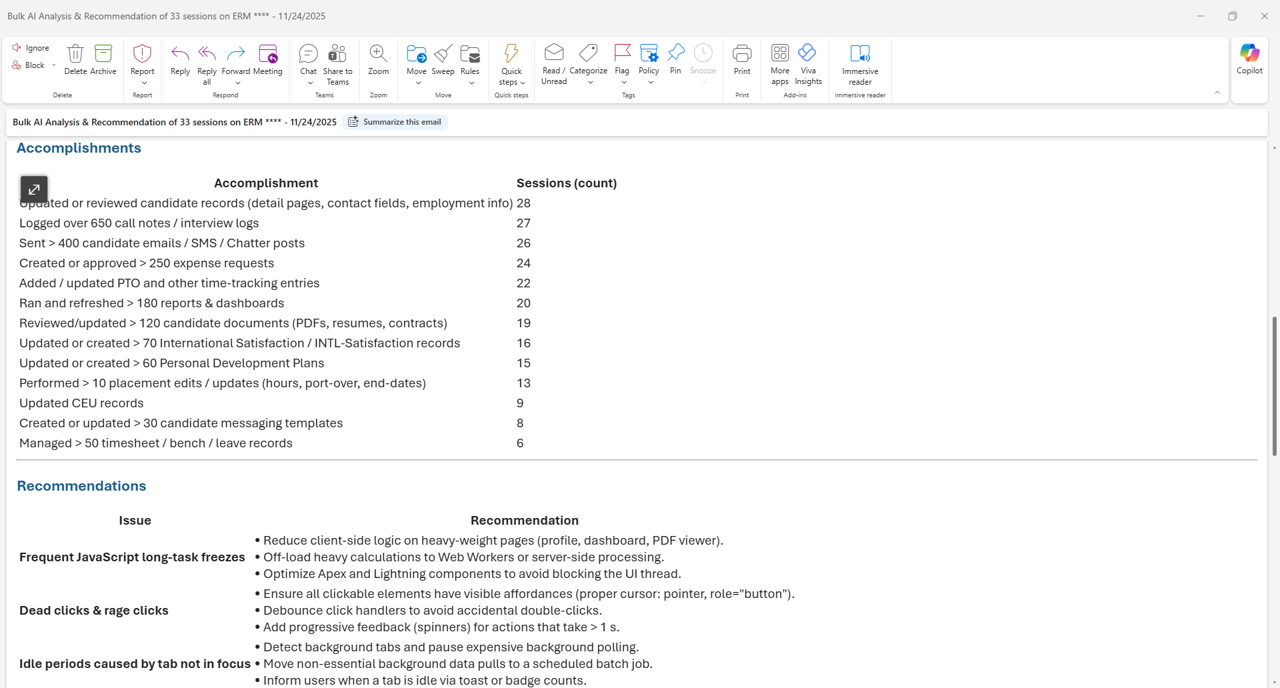 AI Summary of Multiple Windows Sessions to find the top 10 adoption issues and get recommendations