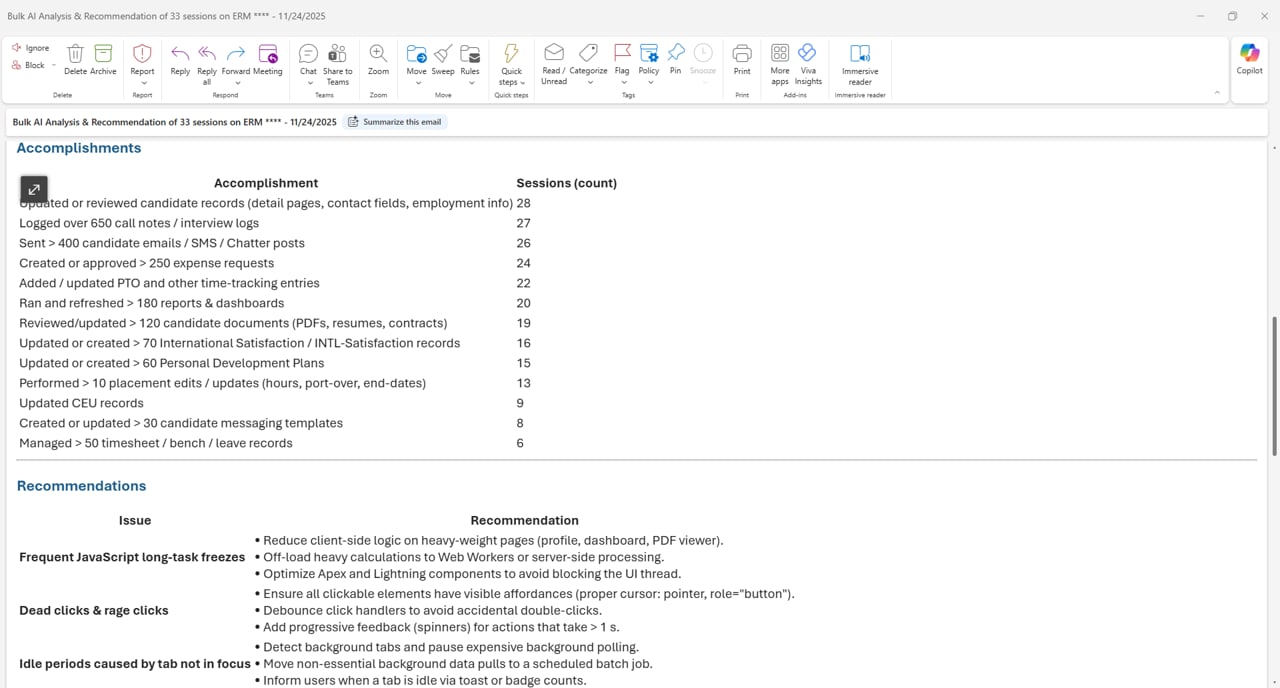 AI Summary of Multiple Windows Sessions to find the top 10 adoption issues and get recommendations