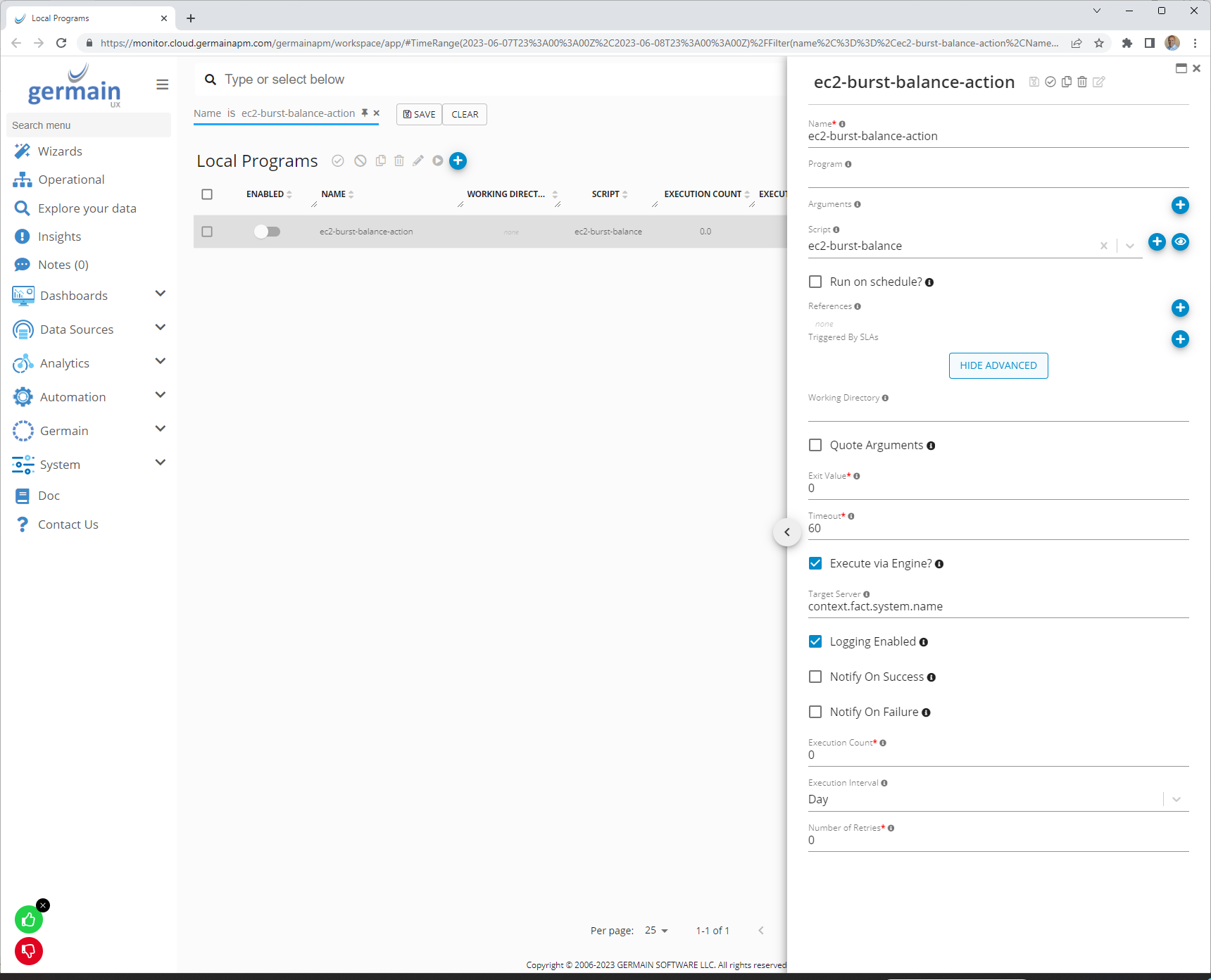 Configure EBS Burst Balance Action