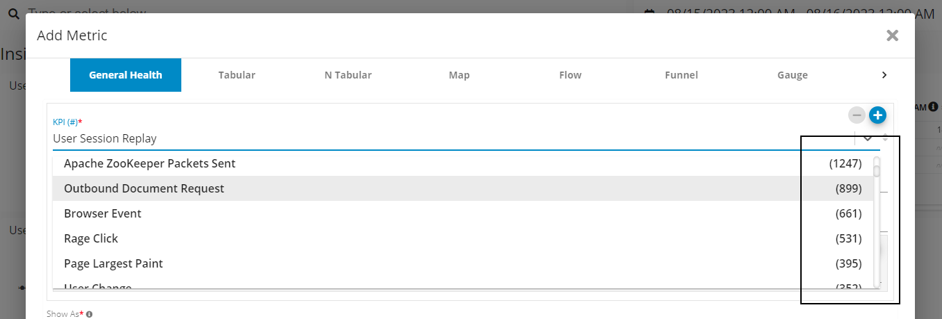 Data Point Count per KPI on Add Metric