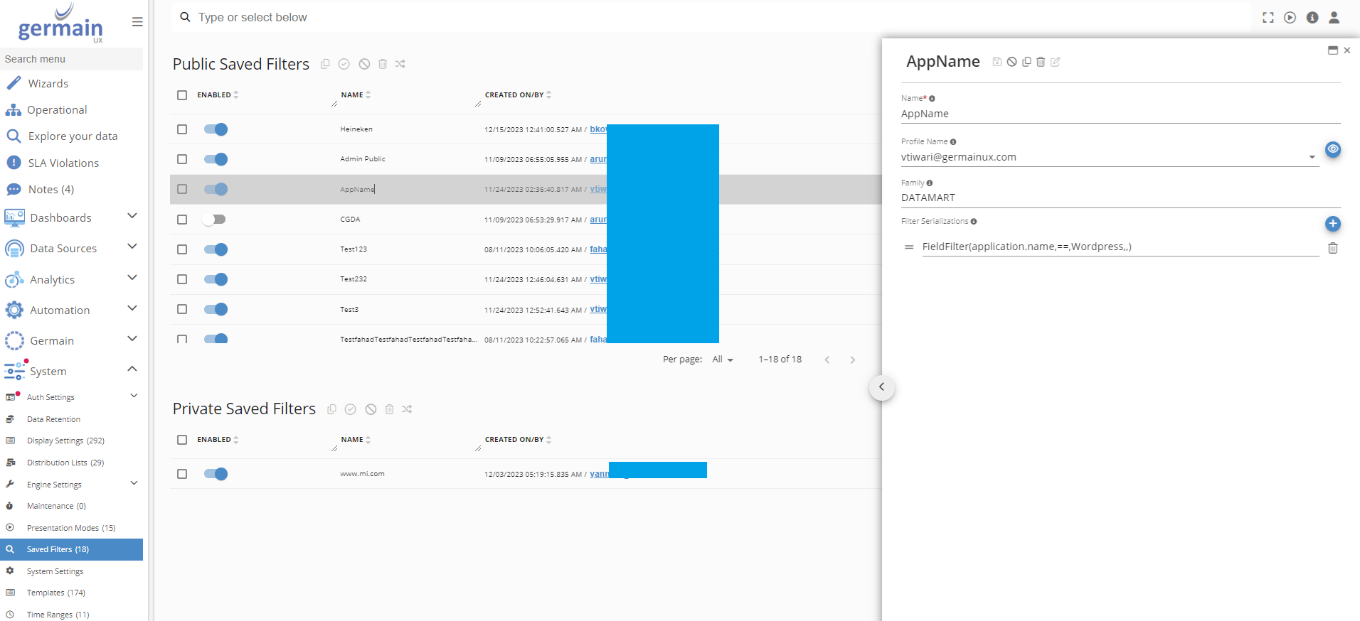 Filters Management Screen