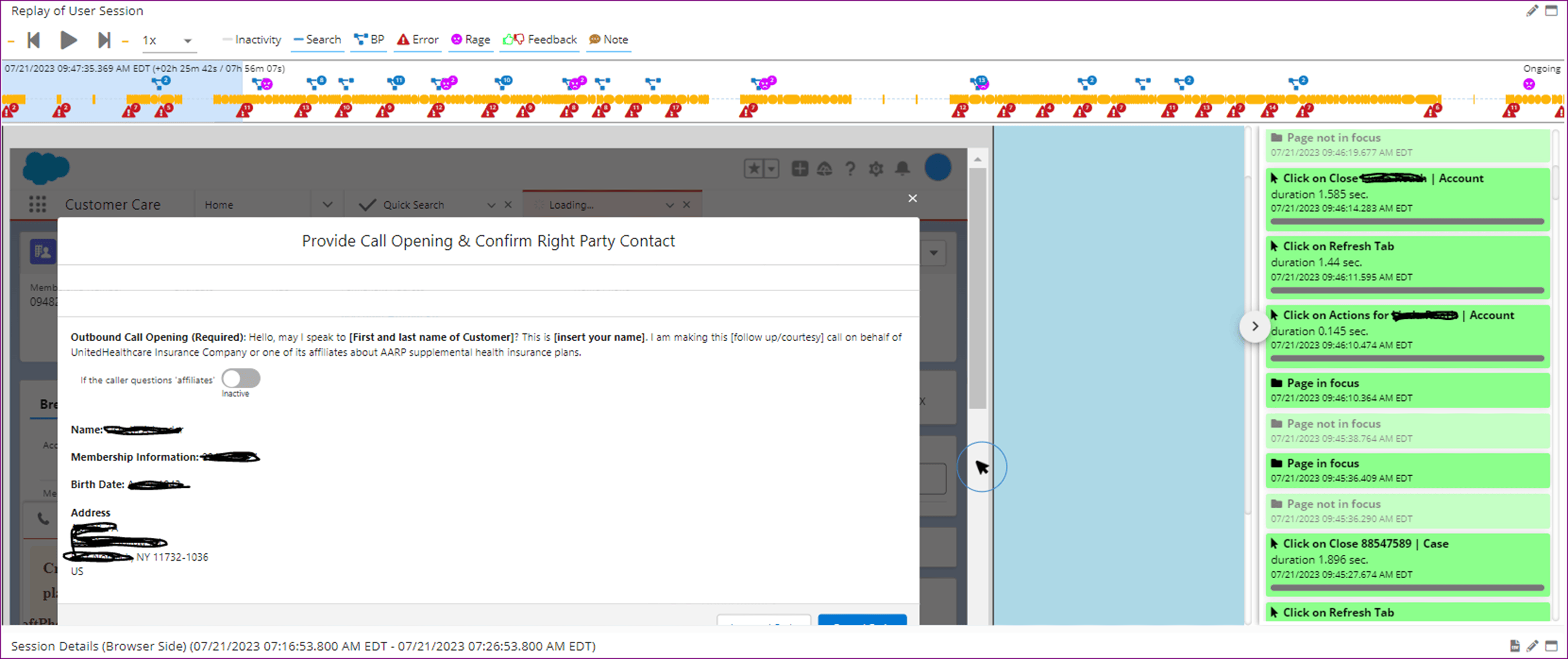 Popup for an outgoing call on SFDC captured and replayed on GermainUX