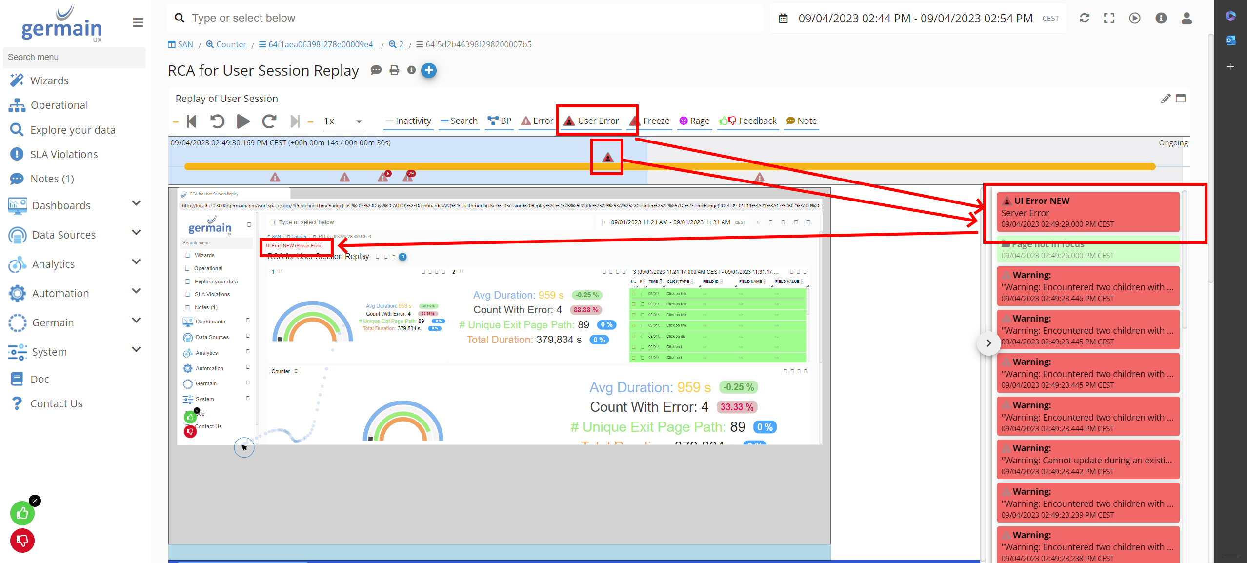 User Errors on Session Replay Dashboard