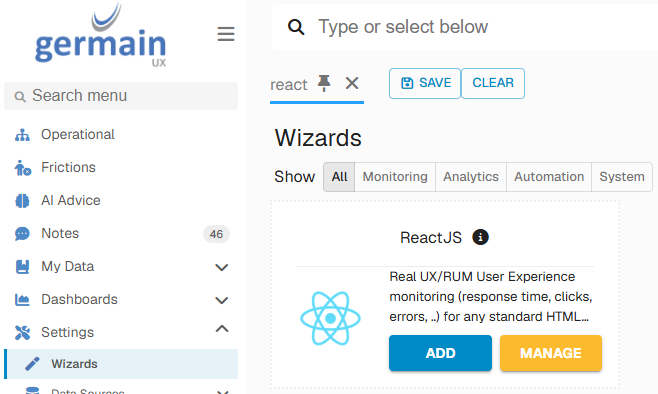 Deploy Monitoring for ReactJS: 1. Start the ReactJS Wizard