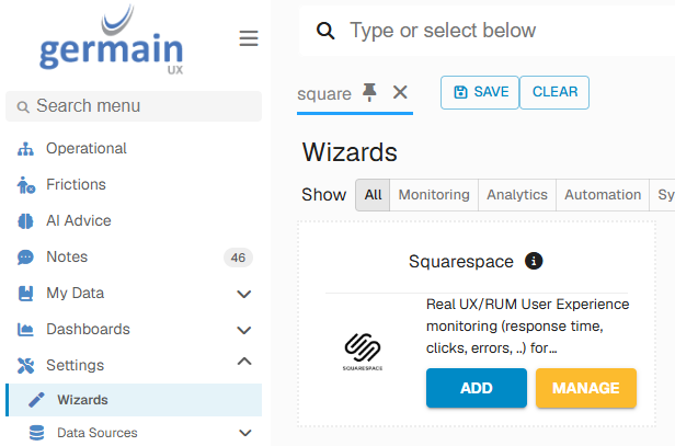 Deploy Monitoring for SquareSpace: Configure Squarespace in GermainUX