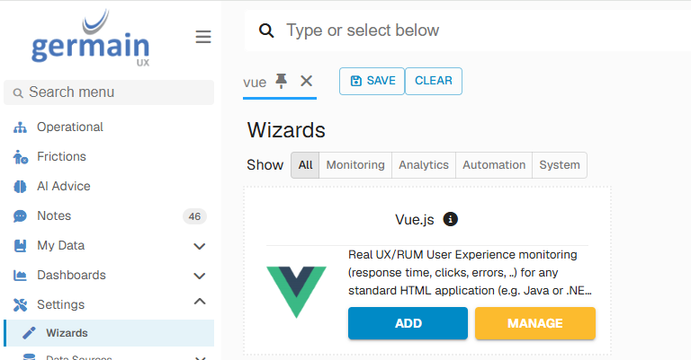 Deploy Monitoring for VueJS: 1. Open the Vue.js Wizard