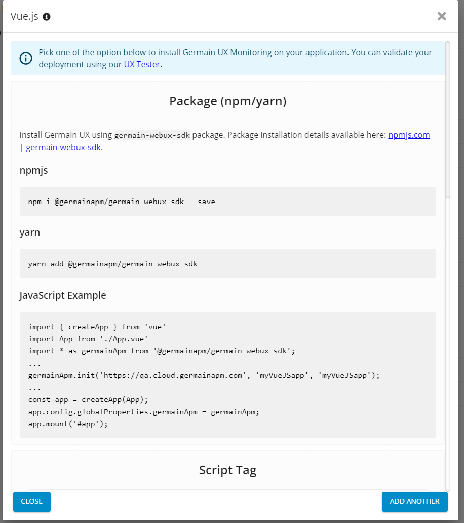 Deploy Monitoring for VueJS: 4. Deploy Using npm or Yarn