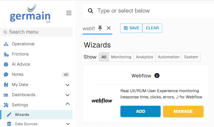 Deploy Monitoring for Webflow: 1 Open the Webflow Wizard