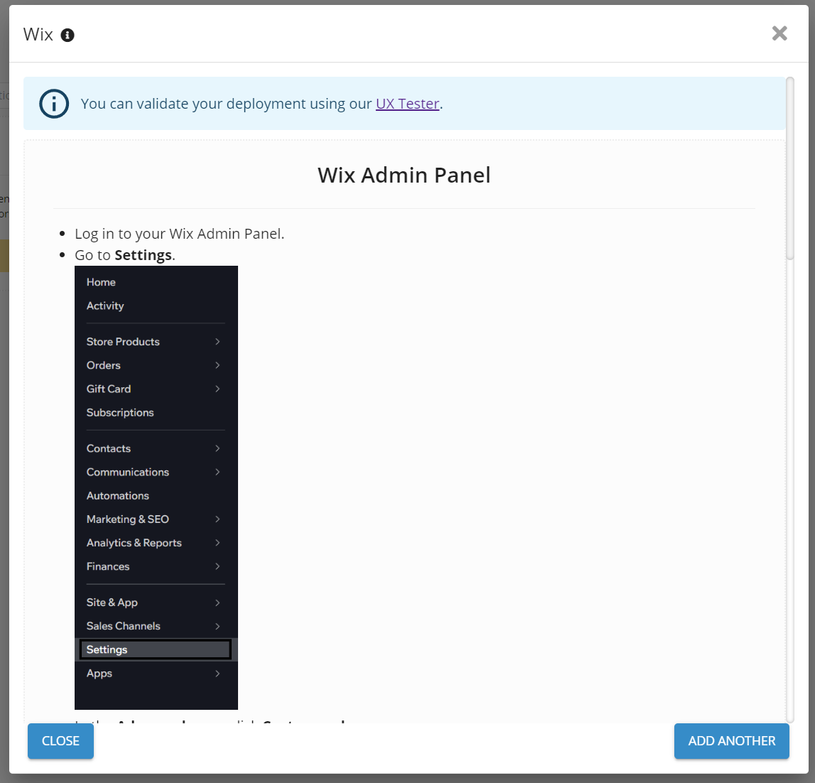 Wix admin panel