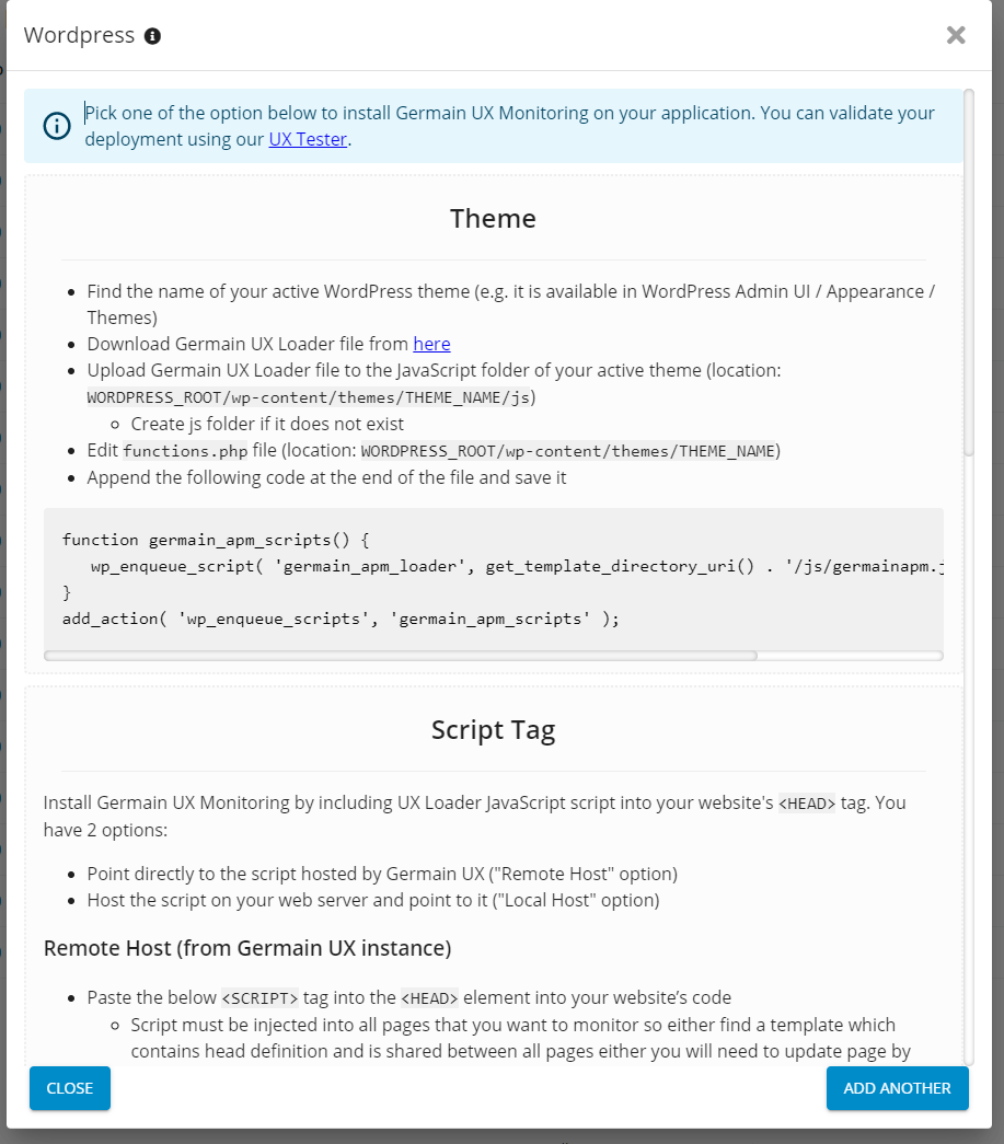 Deploy Monitoring for WordPress: 6. Deploy via JavaScript Code Snippet