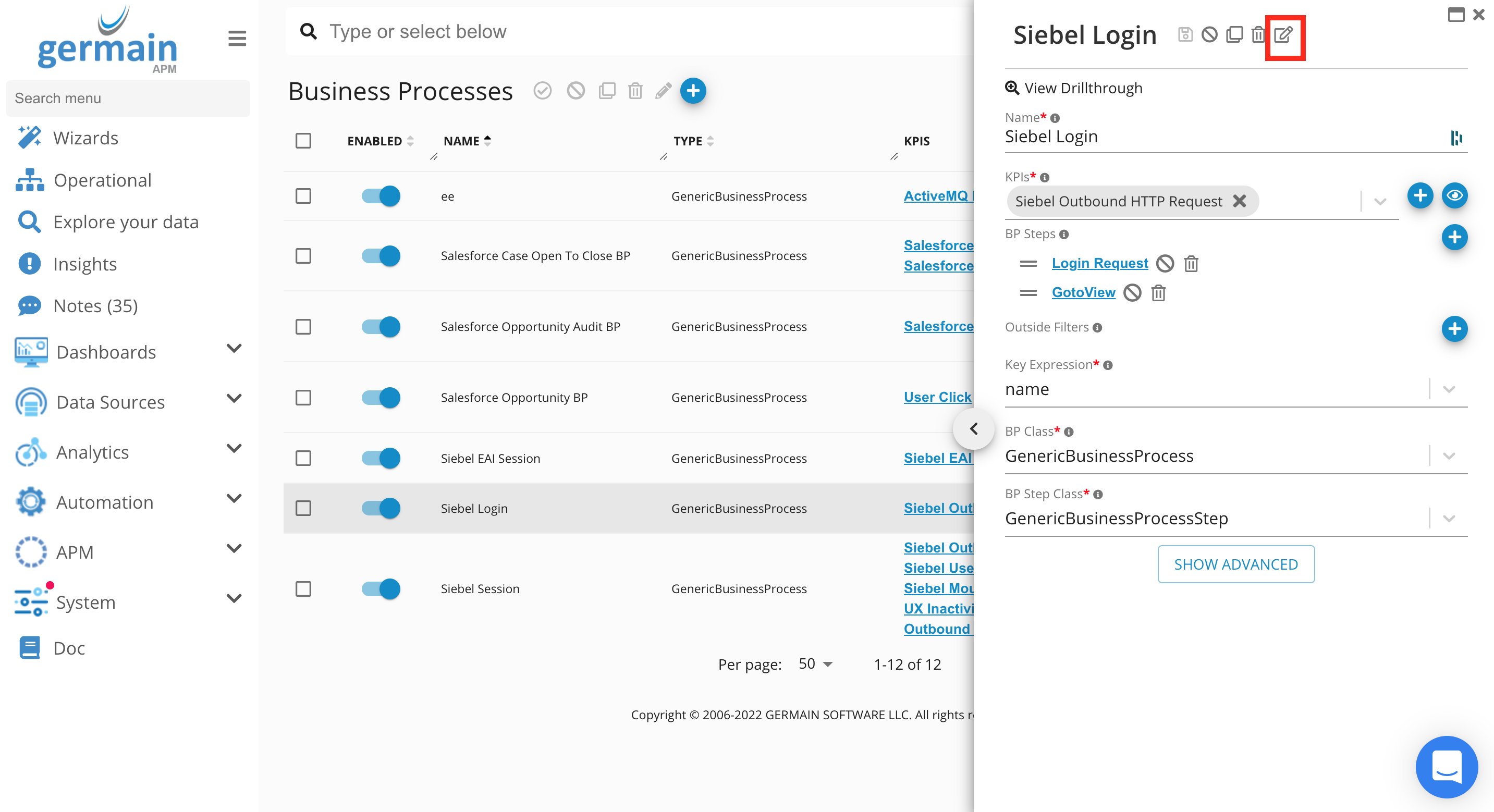 Customization icon on Business Process detail view