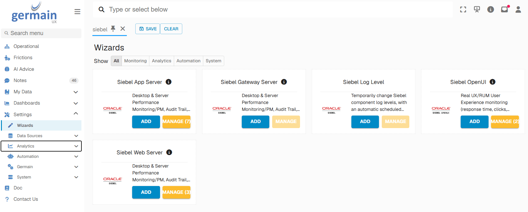 Application Monitoring for Oracle Siebel CRM (Configure): Open the Siebel wizards