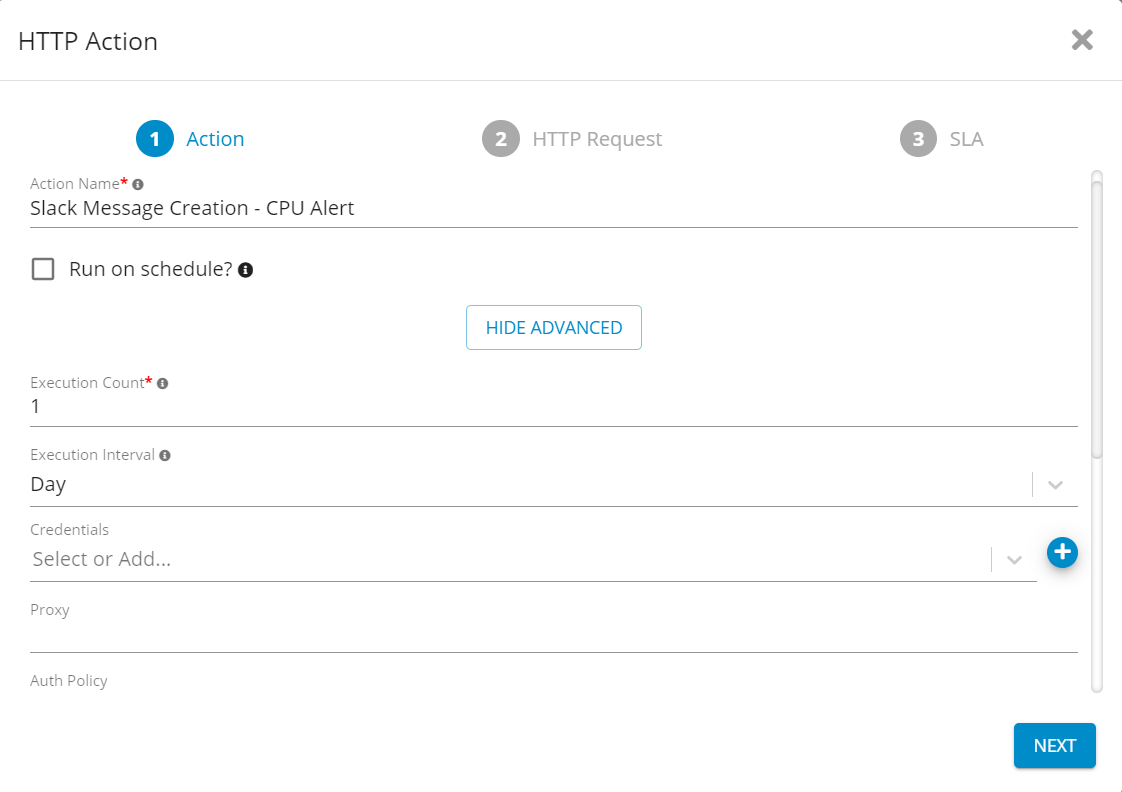 First page of creation wizard of a new HTTP Action showing the required fields